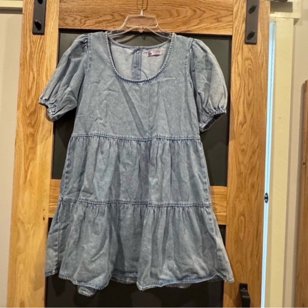 Lalavon Chambray Babydoll Dress Blue Tiered Puff Sleeve Mini Dress Small